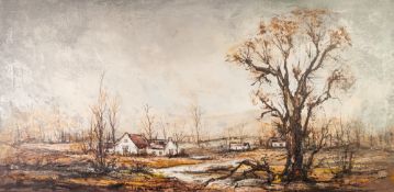 CONTINENTAL SCHOOL (circa 1960s) OIL PAINTING ON CANVAS Landscape with cottages Indistinctly