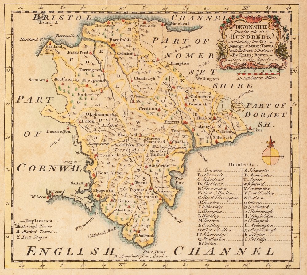 ANTIQUE HAND COLOURED MAP OF DEVONSHIRE BY EMAN BOWEN, with Hundreds index lower right, 6 ¾" x