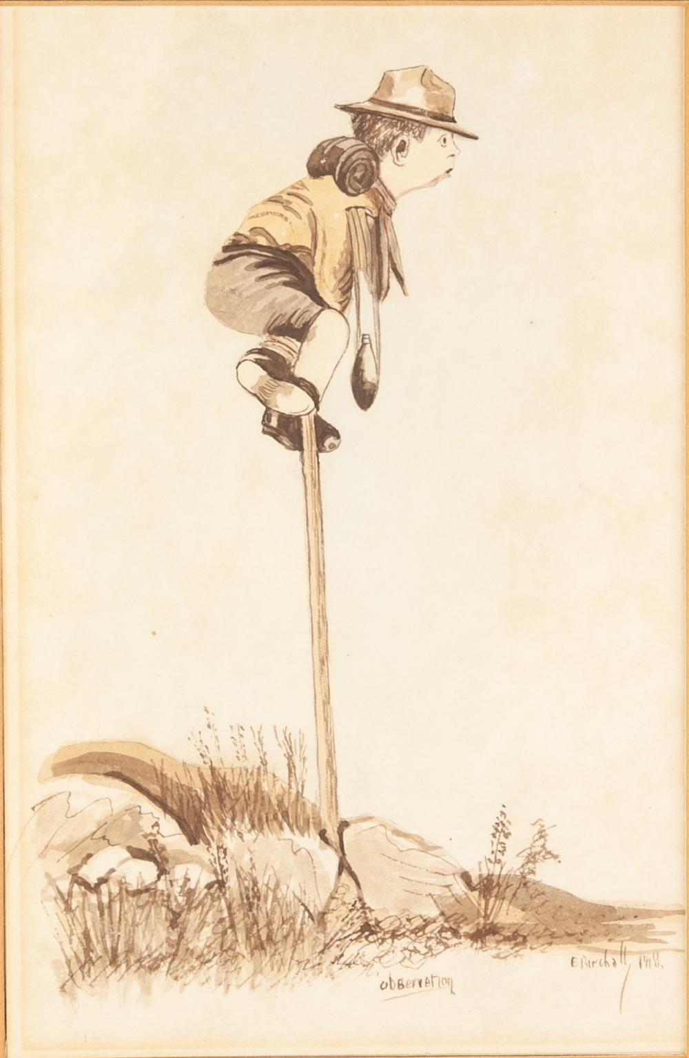 E. BIRCHALL (EARLY TWENTIETH CENTURY) AMUSING WATERCOLOUR DRAWING 'Observation' boy scout perched on