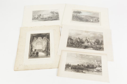 THOMAS ALLOM (1804- 1872) FIVE ENGRAINGS INCLUDING ONE HAND COLOURED LINCOLN, FROM THE RIVER
