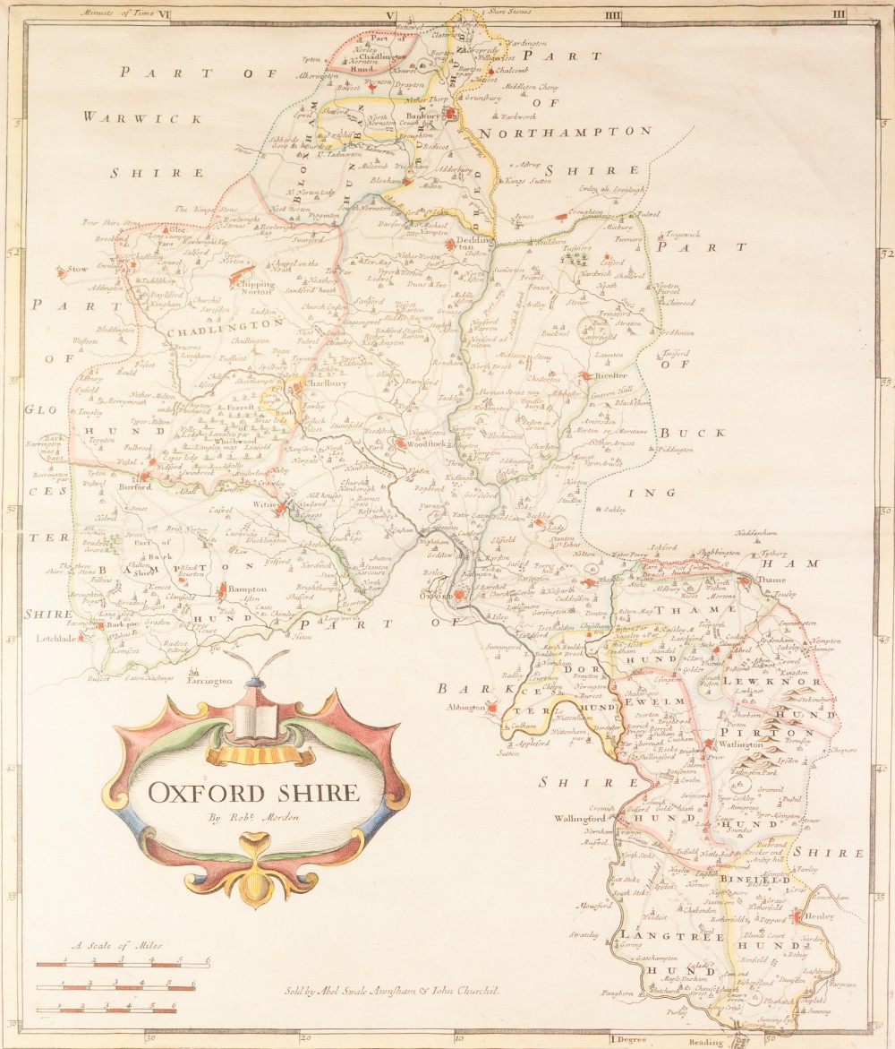 ANTIQUE HAND COLOURED MAP OF THE COUNTY PALATINE OF OXFORDSHIRE BY ROBERT MORDEN, 17" x 14 ½" (43.