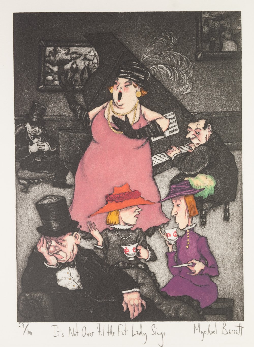 MICHAEL BARRATT (CONTEMPORARY) HAND COLOURED AQUATINT 'Its not over til the fat lady sings' - Image 3 of 7