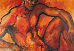 ELS MEULDERS (CONTEMPORARY) OIL PAINTING ON BOARD Naked male figure titled on Wendy J. Levy,