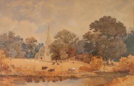 BRITISH SCHOOL (Nineteenth century) WATERCOLOUR Landscape with cattle and sheep, church beyond