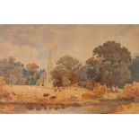 BRITISH SCHOOL (Nineteenth century) WATERCOLOUR Landscape with cattle and sheep, church beyond