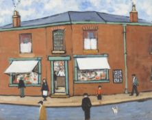 CHARLES M. JONES (1923-2008) OIL PAINTING ON BOARD Street scene with six figures and a small dog,