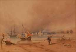 ANTHONY VANDYKE COPLEY FIELDING (1787-1855) WATERCOLOUR DRAWING coastal scene with figure, drawn
