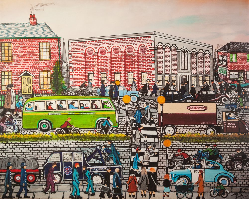 P. WORRALL ARTIST SIGNED LIMITED EDITION COLOUR PRINT Busy Salford street scene with figures and