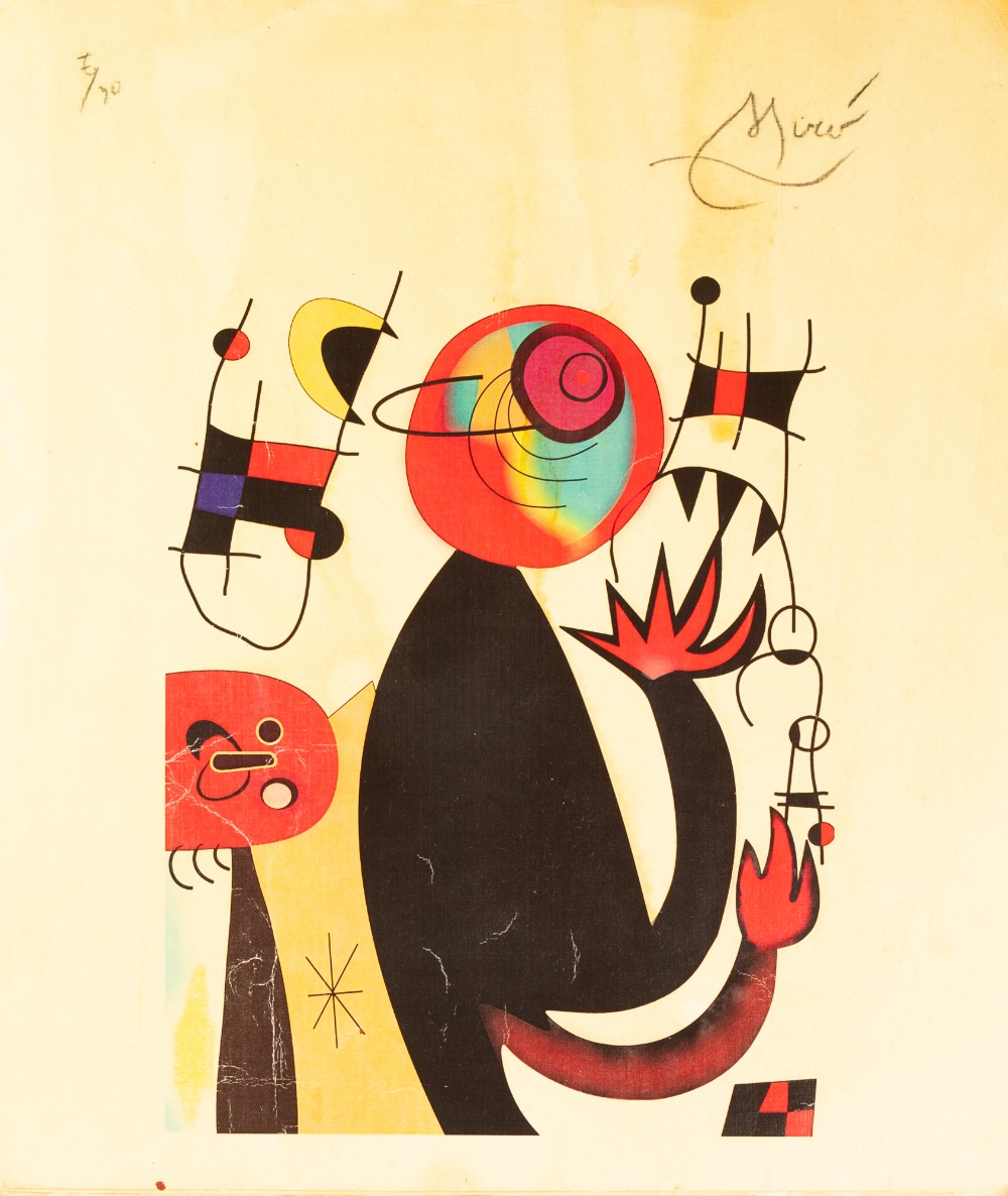 •JOAN MIRO (1893 - 1983) ARTIST SIGNED COLOURED LITHOGRAPHIC PRINT No. 7/30 with 'Ministerio de