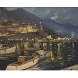KEN KISTPAROFF? OIL PAINTING ON CANVAS HARBOUR SCENE WITH MOORED BOATS AT NIGHT SIGNED