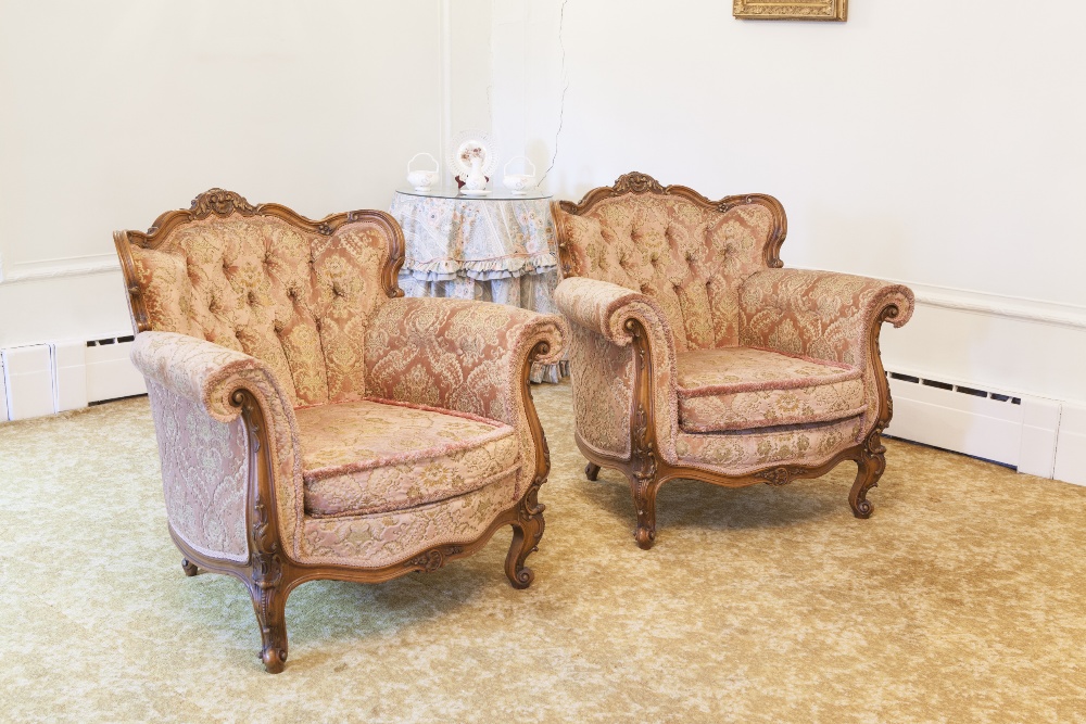 LOUIS XV STYLE CARVED WALNUT FRAMED LOUNGE SUITE OF THREE PIECES, COVERED IN PINK CUT VELVET, MAKERS - Image 2 of 2