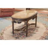 LOUIS XVI STYLE GILT WOOD D END COFFEE TABLE WITH INSET BROWN ONYX TOP AND GILT METAL MOUNTS, ON