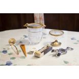 A MOULDED GLASS ICE BUCKET AND MATCHING PEDESTAL BOWL WITH GILT METAL MOUNTS AND A QUANTITY OF BAR