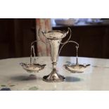 AN EDWARDIAN ART NOUVEAU SILVER TRUMPET FLOWER EPERGNE WITH A PAIR OF SWEETMEAT DISHES, OVAL WITH