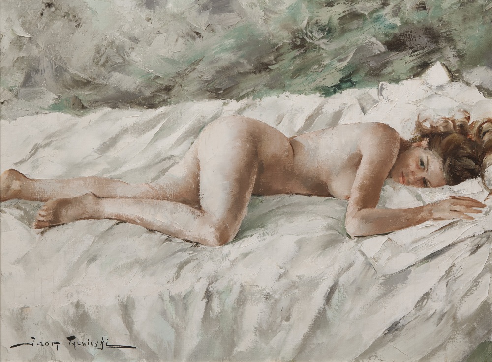 •IGOR TALWINSKI (1907 - 1983) (Polish) OIL PAINTING ON CANVAS Reclining female nude Signed lower