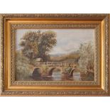 F.H. (18)'98 OIL PAINTING ON CANVAS HORSE-DRAWN WAGGON CROSSING A BRIDGE OVER A RIVER INITIALLED AND