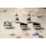VICTORIAN SILVER BULBOUS RECTANGULAR CONDIMENT SET OF 5 PIECES RAISED ON LION'S MASK AND PAW FEET,