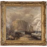 19TH CENTURY ENGLISH SCHOOL OIL PAINTING ON CANVAS COAST SCENE WITH BEACHED FISHING BOAT AND FIGURES