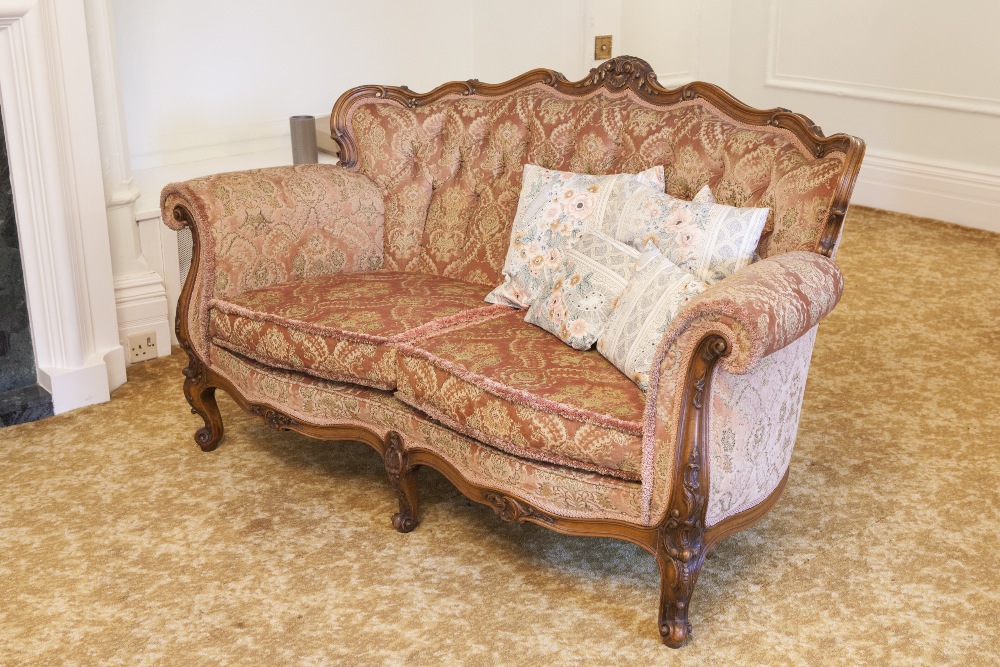 LOUIS XV STYLE CARVED WALNUT FRAMED LOUNGE SUITE OF THREE PIECES, COVERED IN PINK CUT VELVET, MAKERS