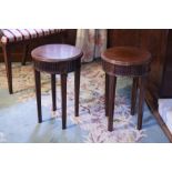 A PAIR OF MAHOGANY LOW JARDINIÈRE STANDS, CIRCULAR WITH FLUTED APRONS, ON SQUARE TAPERING LEGS