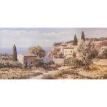 LUCIEN POTRONAT (1889 - 1974) OIL ON CANVAS MEDITERRANEAN COAST SCENE SIGNED 16" X 32"