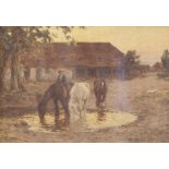 JOSEPH HAROLD SWANNICK (1866 - 1929) OIL PAINTING FARMYARD AT SUNSET WITH THREE HORSES DRINKING AT A