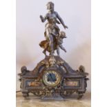 FRENCH, LATE 19TH CENTURY, GILT METAL MANTEL CLOCK WITH FEMALE FIGURE AND CHERUB SURMOUNTING, '