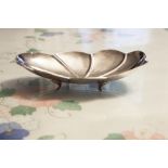 ISRAELI SILVER COLOURED METAL OVAL PETAL SHAPED BOWL, ON FOUR 7 ½" WIDE, 800 STANDARD MARK