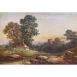 19TH CENTURY ENGLISH SCHOOL RURAL RIVER LANDSCAPE WITH COTTAGE, CHURCH AND FIGURES 13" X 18 ½"