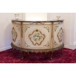 EPSTEIN CREAM AND FLORAL PAINTED WOOD SEMI-CIRCULAR BAR UNIT WITH VEINED AND BLACK MARBLE TOP ON