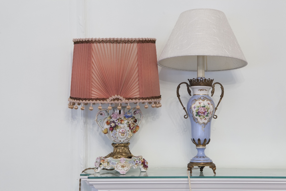 FRENCH PORCELAIN AND GILT METAL MOUNTED VASE TABLE LAMP, FLORAL PAINTED AND THE SHADE AND A