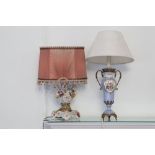 FRENCH PORCELAIN AND GILT METAL MOUNTED VASE TABLE LAMP, FLORAL PAINTED AND THE SHADE AND A