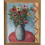 UNATTRIBUTED IMPASTO OIL PAINTING VASE OF FLOWERS ON A RED TABLE TOP 22" X 18"