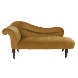 EDWARDIAN CHAISE LONGUE, with padded scroll back and sprung seat, covered in olde gold plush, and