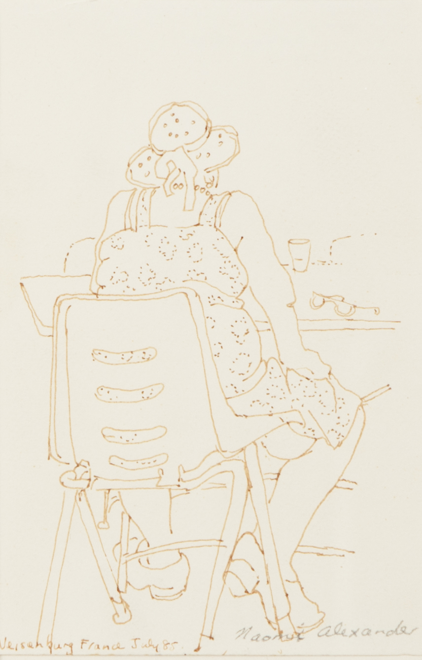 •NAOMI ALEXANDER (b.1948) PEN AND INK Portrait of the back of a lady, seated, 'Neisenburg, France,