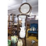 A MAHOGANY WASHSTAND WITH CIRCULAR FITTED MIRROR AND POTTERY WASH BASIN AND JUG WITH FLORAL