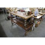 TWO RECTANGULAR COFFEE TABLES, 20" X 130" X 18" TALL, COVERED IN LEATHER, CARVED WITH INCAN