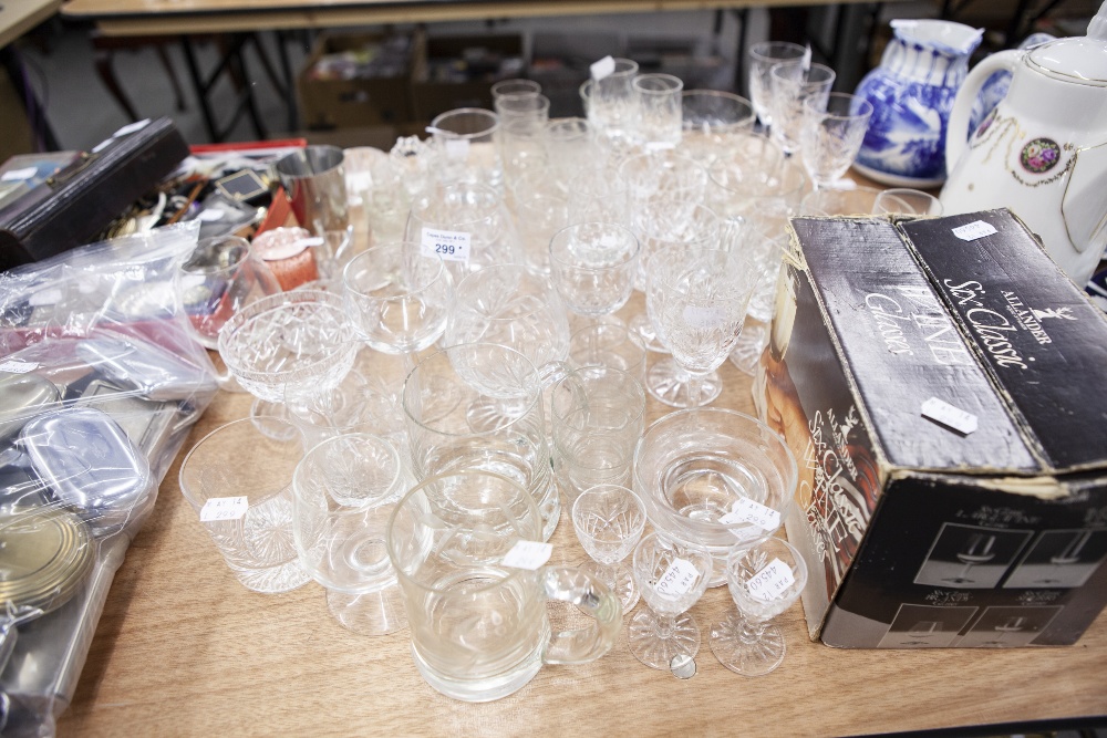 A QUANTITY OF CUT GLASS AND OTHER DRINKING GLASSES, SUNDAE DISHES AND TWO PINT TANKARDS, SALTS