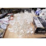 A QUANTITY OF CUT GLASS AND OTHER DRINKING GLASSES, SUNDAE DISHES AND TWO PINT TANKARDS, SALTS