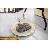 LATE VICTORIAN OVAL FORM GLASS DOME, ON EBONISED WOOD AND PLUSH FABRIC STAND, 10 1/2" (26.7cm)