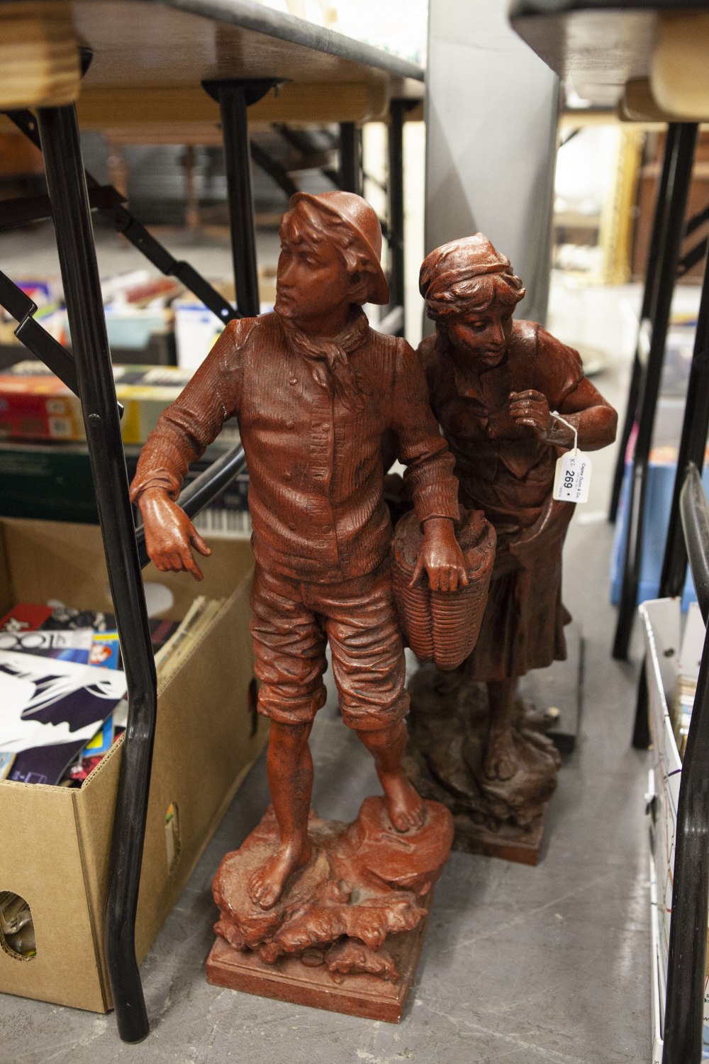 A PAIR OF LATE NINETEENTH CENTURY RED PAINTED SPELTER FIGURES OF FISHERFOLK, 27" (68.5cm) HIGH