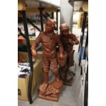 A PAIR OF LATE NINETEENTH CENTURY RED PAINTED SPELTER FIGURES OF FISHERFOLK, 27" (68.5cm) HIGH