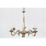 GILT METAL SIX LIGHT ELECTROLIER, with scroll arms, embossed sconces and panelled central column, 28