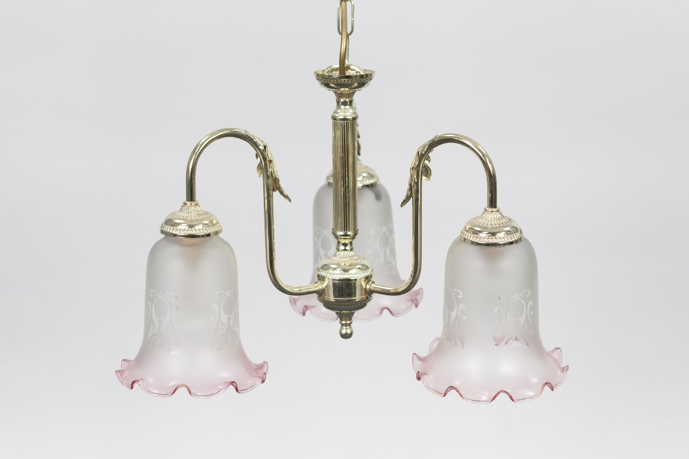 MODERN PAIR OF GILT METAL THREE LIGHT ELECTROLIERS, each with pink tinted and etched downlight - Image 2 of 2