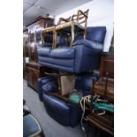 A THREE PIECE LOUNGE SUITE IN BLUE HIDE LEATHER INCLUDING; TWO SEATER SETTEE, ARMCHAIR AND FOOTSTOOL