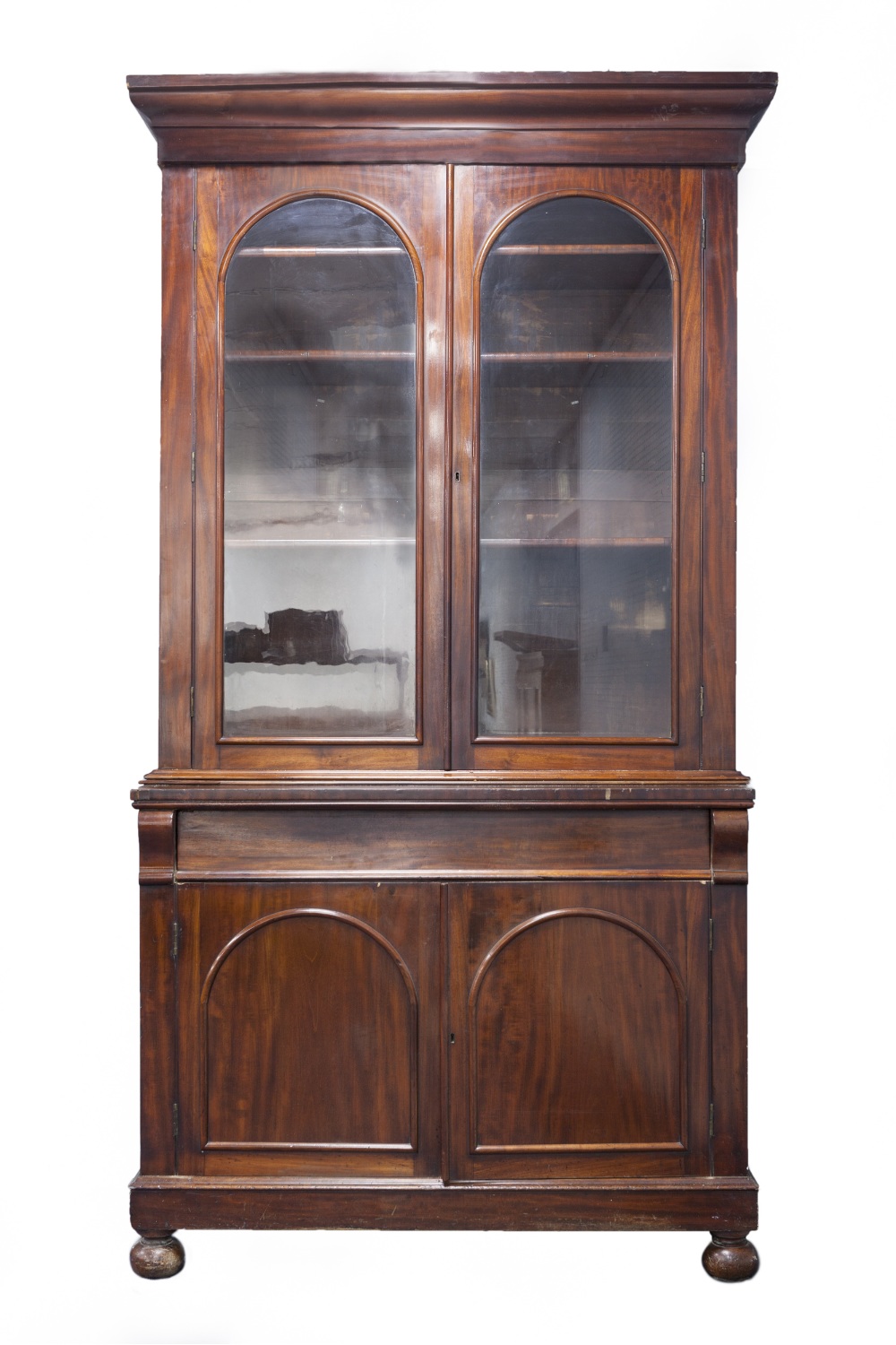 VICTORIAN MAHOGANY LIBRARY BOOKCASE, the moulded cornice above a pair of cupboard doors, with glazed