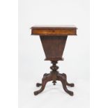 VICTORIAN FIGURED WALNUT WORK TABLE, the moulded oblong top enclosing a lined interior, above a