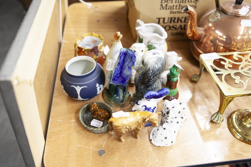 BESWICK MODEL OF A BROWN CALF, WADE POTTERY DOG IN A BASKET AND SUNDRY CERAMICS AND SMALL ANIMAL