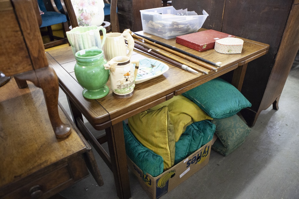 TWENTIETH CENTURY OAK OBLONG DRAW-LEAF DINING TABLE ON FOUR SQUARE STRAIGHT LEGS JOINED BY 'h'