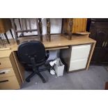 A MODERN DESK, WITH SLIDE OUT SHELF, DESK CHAIR, TWO DRAWING FILING CABINET, SHREDDER AND A DESK